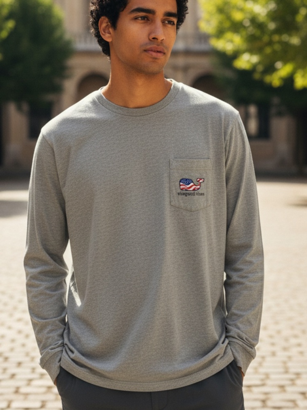 Vineyard Vines Heather Gray Long-Sleeve Pocket Tee with Flag Whale